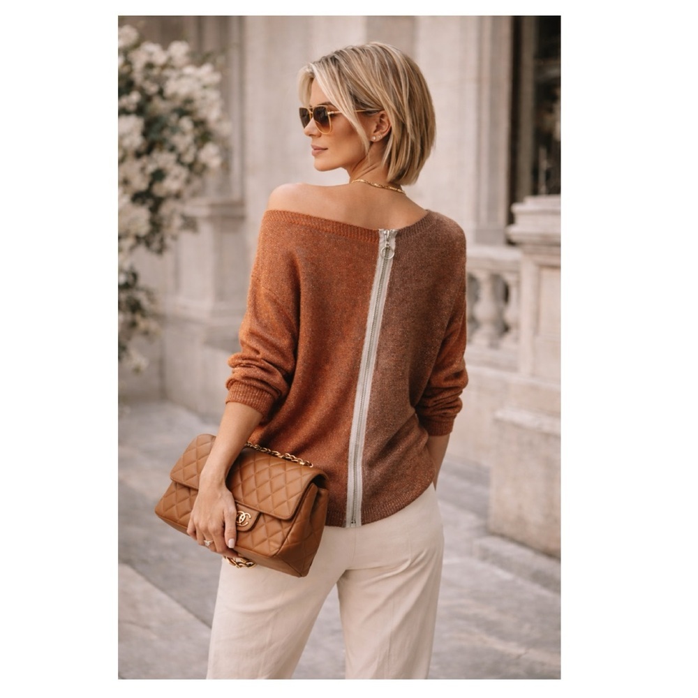 GIGI MODA $141 Argento Dual Toned Sweater Rust Brown Metallic Thread Italy Made - Picture 3 of 16